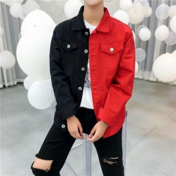 Jaqueta Casual Masculina Jeans Com Retalho Preto e Vermelho