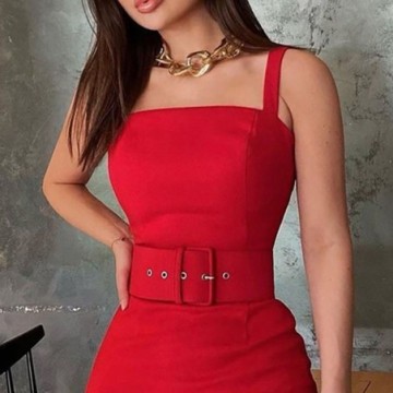 Vestido Feminino Vermelho Com Cinto Moderno Bevelie