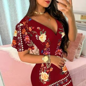 Vestido Elegante Feminino Estampado de Manga Curta Com Decote V Bevelie