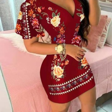 Vestido Elegante Feminino Estampado de Manga Curta Com Decote V Bevelie