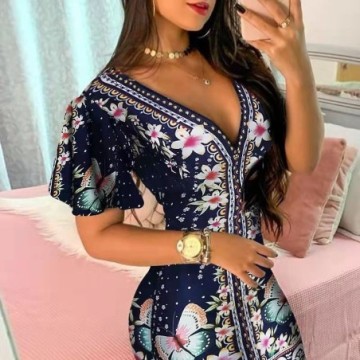 Vestido Elegante Feminino Estampado de Manga Curta Com Decote V Bevelie