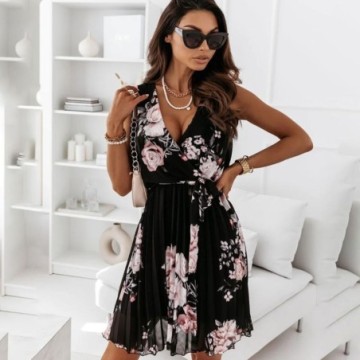 Vestido Estampado Sem Mangas Profundo Elegante Casual Com Decote em V Bevelie