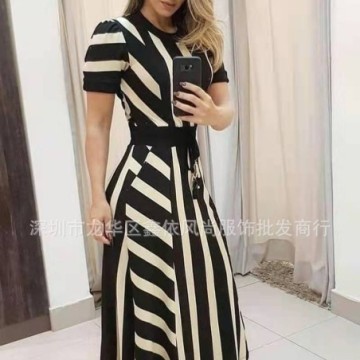 Vestido Longo Listrado de Manga Curta Feminino Evangélico Bevelie