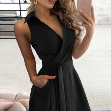 Vestido Feminino Com Gravata na Cintura Longo Com  gola v Bevelie