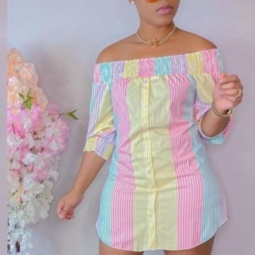 Vestido Feminino Listrado Manga Curta Com Ombro de Fora Liso Solto Bevelie