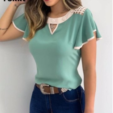 Blusa Feminina Lisa Com Detalhes de Manga Curta Fina Bevelie