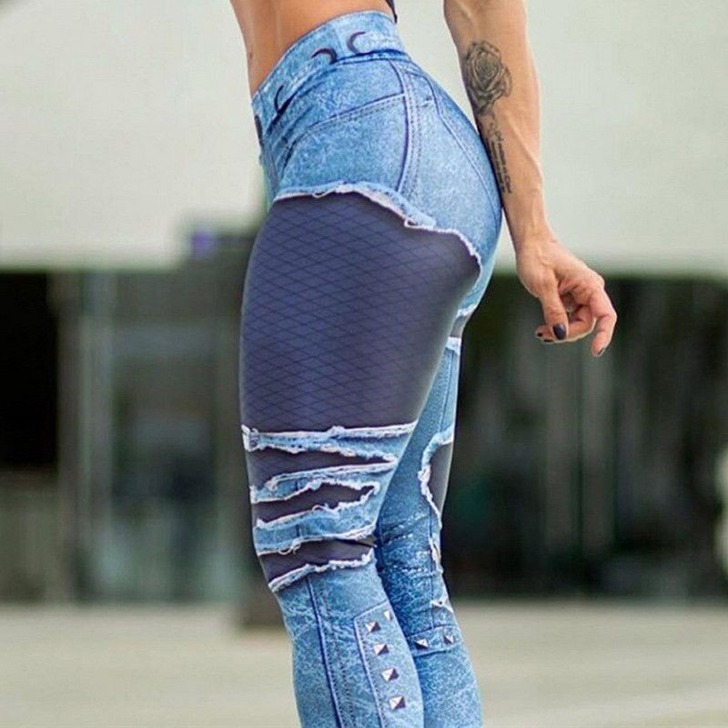 Calça Legging Jeans Cintura Alta Com Retalhos Tamanhos PP Cores Azul