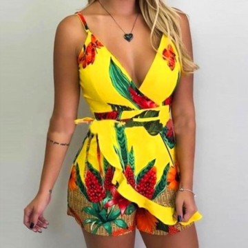 Macacão Florido Feminino de Alça Casual Justo Bevelie