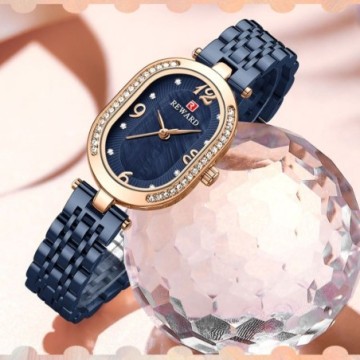 Relógios Feminino Azul Luxo de Aço Com Perolas Dourado