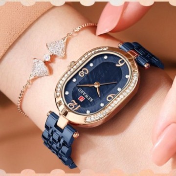 Relógios Feminino Azul Luxo de Aço Com Perolas Dourado Bevelie