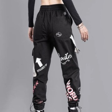 Calça Streetwear Solta Cintura Alta Estampada Casual Com Bolso Laterais Bevelie