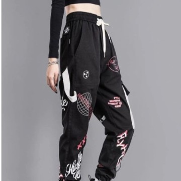 Calça Streetwear Solta Cintura Alta Estampada Casual Com Bolso Laterais Bevelie