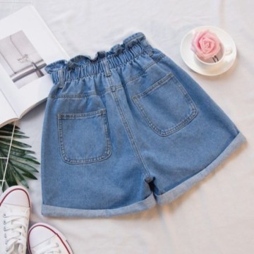 Short Jeans Feminino Cos de Elástico Cintura Alta Curto Casual Com Bolso Bevelie