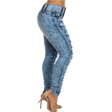 Calça Jeans Casual Rasgada Cintura Alta Com Bolsos Tamanhos 34 Cores Azul