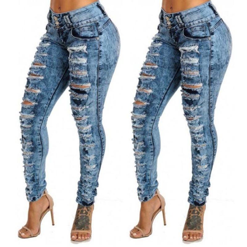 Calça Jeans Casual Rasgada Cintura Alta Com Bolsos Tamanhos 34 Cores Azul