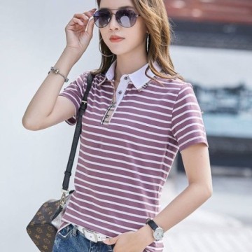 Camisa Polo Feminina Listrada Casual Com Botões de Manga Curta Bevelie