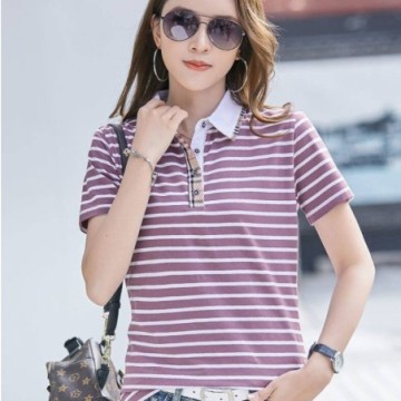 Camisa Polo Feminina Listrada Casual Com Botões de Manga Curta Bevelie