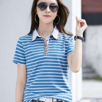 Camisa Polo Feminina Listrada Casual Com Botões de Manga Curta Bevelie