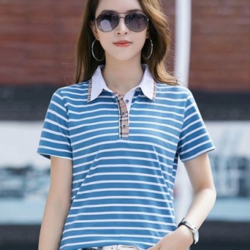 Camisa Polo Feminina Listrada Casual Com Botões de Manga Curta Bevelie