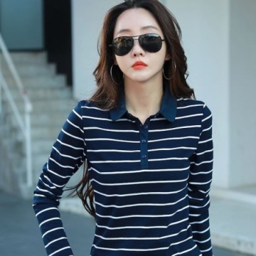 Camisa Polo Feminina Manga Longa Listrada Casual das Mulheres Bevelie