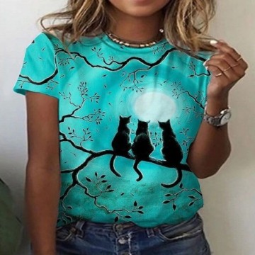 Camisa feminina Com Estampa de Gato Viola Solta de Manga Curta