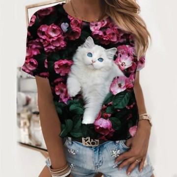 Camisa feminina Com Estampa de Gato Viola Solta de Manga Curta Bevelie