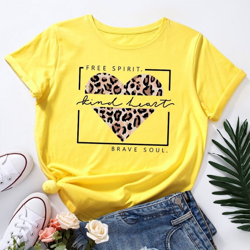 Camisa Feminina Casual Blusa Com Estampa de Coração Leopardo