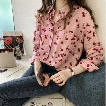 Camisa  Feminina Solta Com Estampa de Cereja Manga Longa