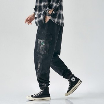 Calça Jeans Masculina Harém Streetwear Solta Com Estilo Hip Hop Estampada Bevelie