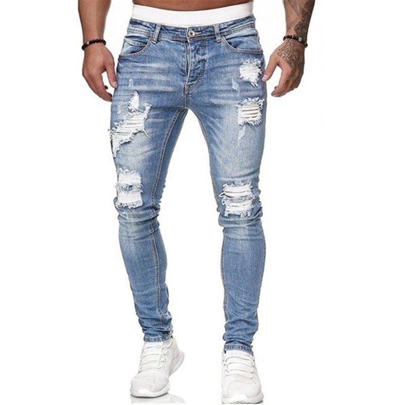 Calça Jeans Rasgada Desfiada Masculina Moderna Skinny Elástica Com Bolso