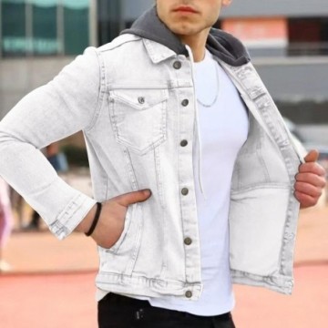 Jaqueta Jeans Masculina Com Capuz em Moletom de Inverno Com Bolso Frontal e Botões Bevelie