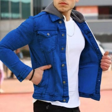 Jaqueta Jeans Masculina Com Capuz em Moletom de Inverno Com Bolso Frontal e Botões Bevelie