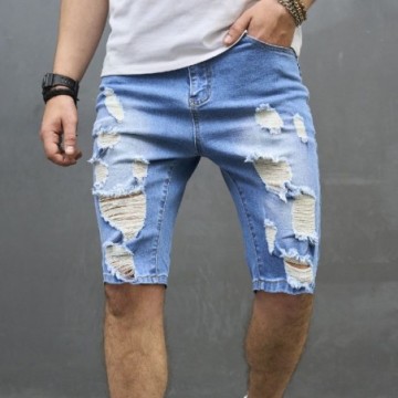 Bermuda Jeans Casual Rasgada Desfiada Masculina Com Bolso Estilo Verão
