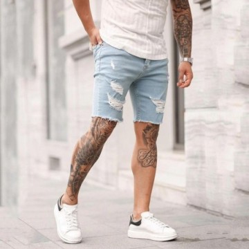 Short Masculino Jeans Brim Casual Rasgado Curto Desfiado Estilo Verão