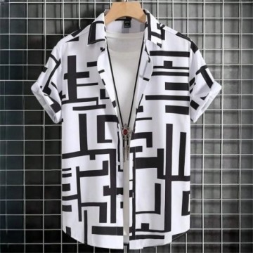 Camisa Manga Curta Masculina Estampada Geométrica Com Botões Estilo Havaiana