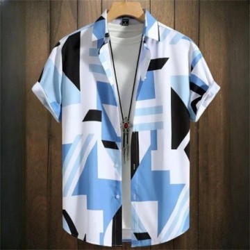 Camisa Manga Curta Masculina Estampada Geométrica Com Botões Estilo Havaiana Bevelie