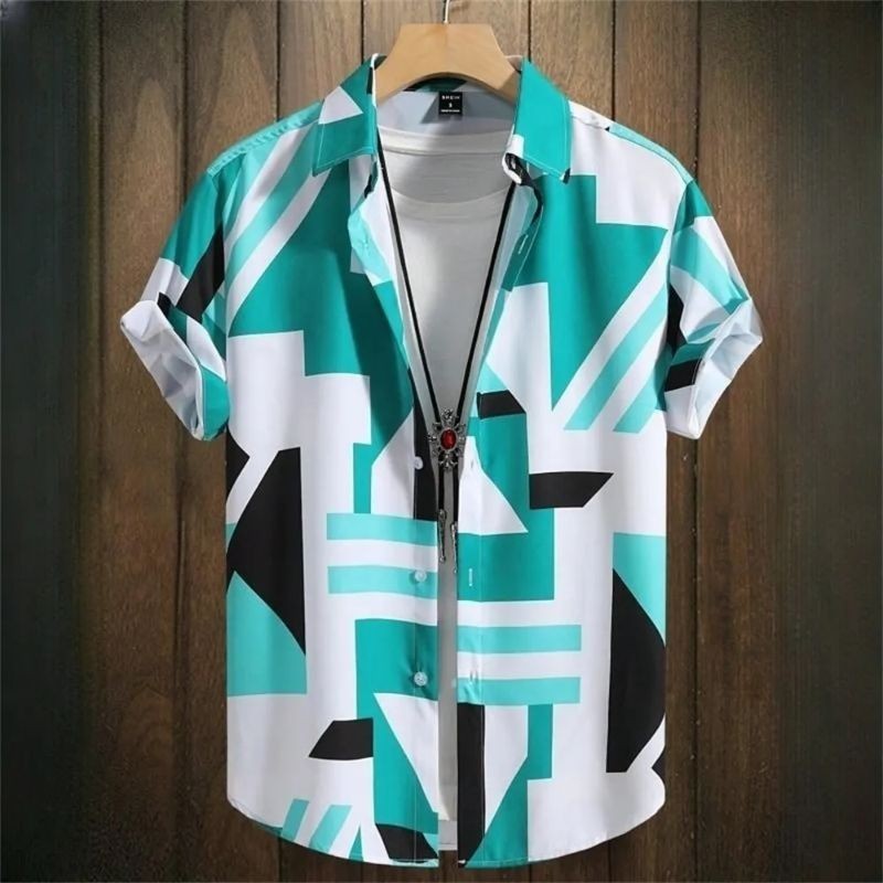 Camisa Manga Curta Masculina Estampada Geométrica Com Botões Estilo Havaiana Bevelie