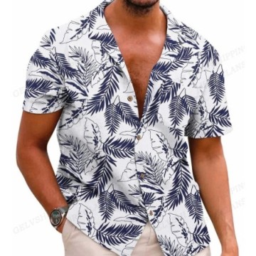 Camisa Masculina Estampada Florida de Botões Com Manga Curta Bevelie