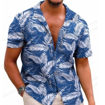 Camisa Masculina Estampada Florida de Botões Com Manga Curta Bevelie