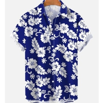 Camisa Masculina Estampada Floral Estilo Havaiano de Verão com Botões e Mangas Curtas