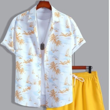 Conjunto Camisa Estampada Havaiana Masculina e Short Casual de Verão Com Elástico
