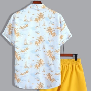 Conjunto Camisa Estampada Havaiana Masculina e Short Casual de Verão Com Elástico Bevelie