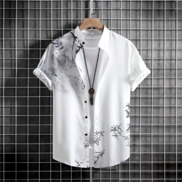 Camisa Masculina Manga Curta Estampada Solta de Verão Com Botões Bevelie