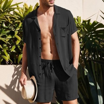 Conjunto Casual Masculino Camisa Manga Curta Short de Praia Com Bolso Simples de Verão