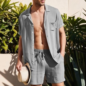 Conjunto Casual Masculino Camisa Manga Curta Short de Praia Com Bolso Simples de Verão Bevelie