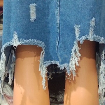 Saia Jeans Longa Destroyd Rasgada Com Cintura Alta Bolso Estilo Streetwear Bevelie