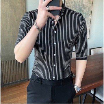 Camisa Masculina Listrada Meia Manga Fina Social Com Botões Gola Polo Bevelie