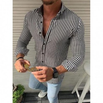 Camisa Masculina Casual Listrada de Manga Cumprida Moderna Com Botões Bevelie