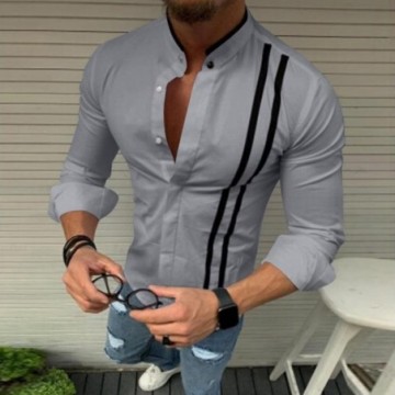 Camisa Masculina Pluz Size Listrada Casual Moderna Manga Cumprida Estilosa Bevelie