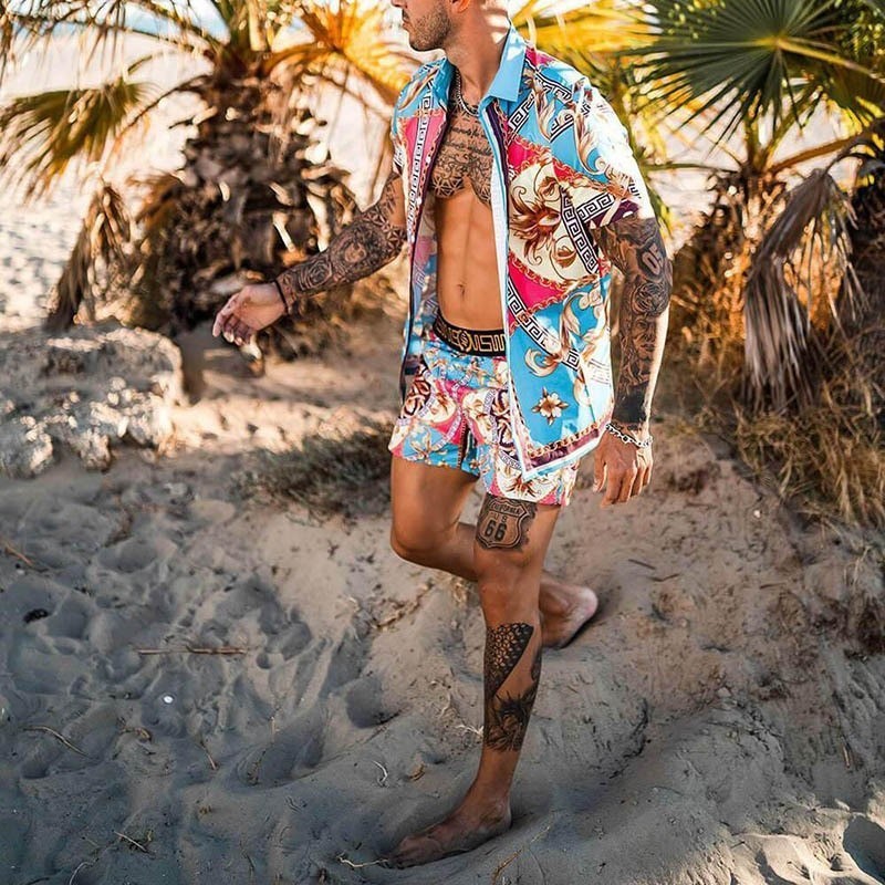 Conjunto Masculino Respirável de Praia Duas Peça Com Estilo Havaiano Estampado